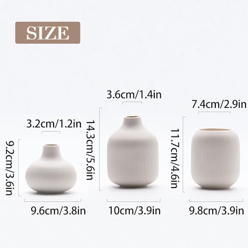 White Ceramic Vases for Decor, 3 Set Small Modern Minimalist Ribbed Vases Decorative for Table Shelf Decor Bookshelf Decoration Vase - Image 3