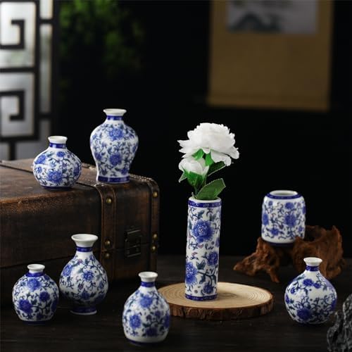 Dandat 8 Pcs Small Blue and White Ceramic Vase, Chinoiserie Floral,Vintage - Image 6