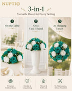 NUPTIO Flower Wedding Centrepieces for Tables - 10 Pcs 9.5in Diameter Teal & White Artificial Flowers Rose Ball for Centerpieces Table - Fake Rose Arrangements for Weddings Birthday Party Decorations - Image 6