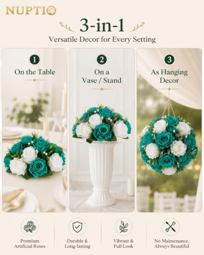 NUPTIO Flower Wedding Centrepieces for Tables - 6 Pcs 9.5in Diameter Teal & White Artificial Flowers Rose Ball for Centerpieces Table - Fake Rose Arrangements for Weddings Birthday Party Decorations - Image 6