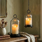 Hurricane Candle Holders Set of 2-10" & 7.8" Black Metal Base with Glass Dome, Includes 2 Pillar Candles, Hanging or Tabletop Centerpiece (Batteries Not Included) - Image 3