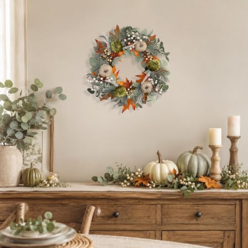 20 Inch Pre-Lit Pumpkin Fall Wreath with Velvet Bow for Front Door - Image 6