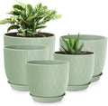 Plastic Plant Pots 10/9/8/7.5/7 inch Set of 5, Flower Planters with Drainage Holes and Saucers, Plastic Pots for Indoor Outdoor Plants, Livingroom Garden Decor (Green) by LesOasis