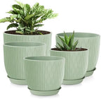Plastic Plant Pots 10/9/8/7.5/7 inch Set of 5, Flower Planters with Drainage Holes and Saucers, Plastic Pots for Indoor Outdoor Plants, Livingroom Garden Decor (Green) by LesOasis