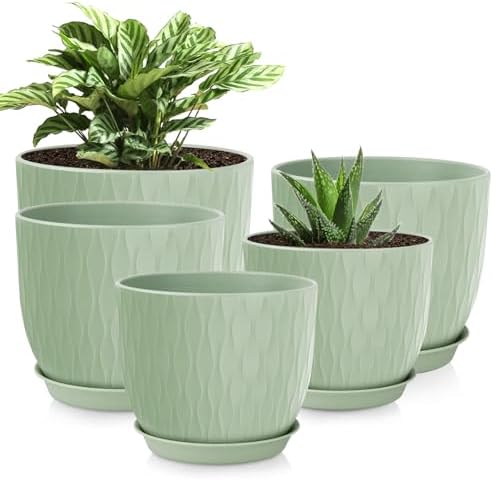 Plastic Plant Pots 10/9/8/7.5/7 inch Set of 5, Flower Planters with Drainage Holes and Saucers, Plastic Pots for Indoor Outdoor Plants, Livingroom Garden Decor (Green) by LesOasis