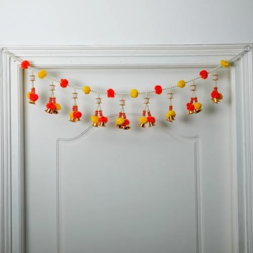 Desi Favors Toran with Hanging Bells for Door, Marigold Decorations for Pooja, Bandhanwar, Diwali, Mantle, Indian Thoranam, 3 Feet (Pack of 1) - Image 4