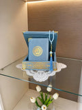 Velvet Covered Quran and Pearl Tasbih in Wooden Decorative Box | Quran Gift Box | Islamic Gift Set | Islamic Birthday, Wedding Gift | Muslim Eid Ramadan Gift (Blue) by VOGUEHOMEDECOR