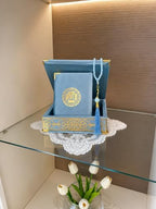 Velvet Covered Quran and Pearl Tasbih in Wooden Decorative Box | Quran Gift Box | Islamic Gift Set | Islamic Birthday, Wedding Gift | Muslim Eid Ramadan Gift (Blue) by VOGUEHOMEDECOR