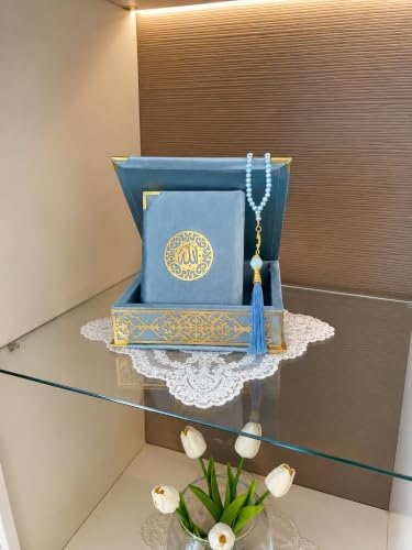 Velvet Covered Quran and Pearl Tasbih in Wooden Decorative Box | Quran Gift Box | Islamic Gift Set | Islamic Birthday, Wedding Gift | Muslim Eid Ramadan Gift (Blue) by VOGUEHOMEDECOR