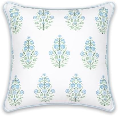 Hofdeco Premium Coastal Patio Indoor Outdoor Throw Pillow Cover Only, 18"x18" Water Repellent for Backyard, Couch, Baby Blue Green Floral with Piping - Image 6
