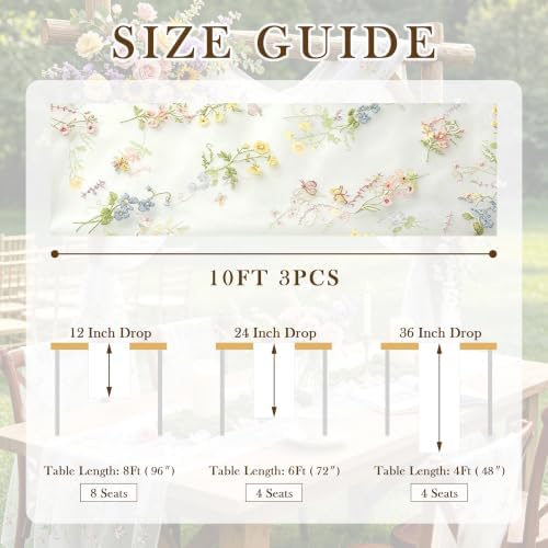 3 Pcs Floral Table Runner 10ft Embroidery Soft Flower Tulle - Image 7