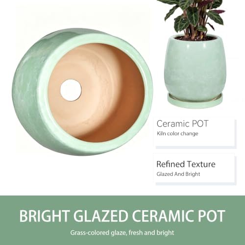 10.3 Inch Ceramic Glaze Plant Pot with Saucer, Flower Pots with Drainage Hole Mesh Net (Grass-Green) - Image 3