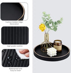KINGFOM Round Decorative Tray for Coffee Table, PU Leather Valet Nightstand Desk Organizer for Men Women, Golden Trim Tray for Home Decor Living Room Dining Table, Perfume Trays Organizer Black - Image 2