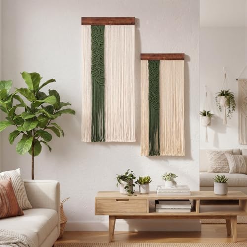 Fumete 2 Pcs Macrame Wall Hanging with Leaf and Feathers Boho Wall Tapestry for Bedroom Long Handmade Woven Decor for Headboard Decor Living Room Home Office(Rectangle) - Image 3