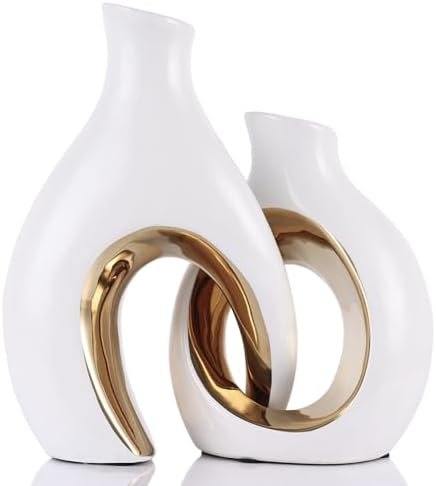 Ceramic Vase Set of 2 for Home Decor, White and Gold Abstract Intertwined Sculptural Vases, Decorative Pottery Centerpiece for Living Room, Dining Table or Entryway, Minimalist Art Decor Gift by LINYTHER
