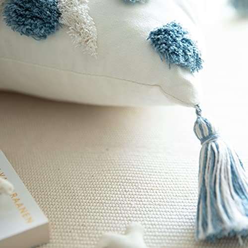 Set of 2 Cotton Woven Boho Throw Pillow Covers, Tufted Decorative Square Pillowcases Covers with Tassels for Couch Sofa Bed, Living Room Sofa, Farmhouse, 20x20 Inch Blue(2 pcs) - Image 5