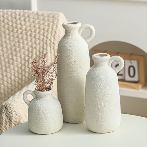Ceramic Vase Set of 3 with Handle, Neutral Rustic Vases Home Decor Farmhouse Decorative Vase Whitewashed Pottery Decor Modern for Table Mantel Entryway Bookshelf Living Room Kitchen Bedroom - White - Image 4