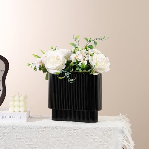 Ribbed Vase, Black Glass Vase for Flowers, Black Flower Vases for Tulips, Modern Vases for Living Room, Dining Table, Office, Bedroom, Mantle, Shelf, Wedding, 7 Inch - Image 3
