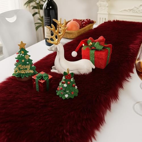 Christmas Table Runner with Tassels, Wine Red Fluffy Faux Fur Xmas Dresser Table Runners for Home Dinning Table Decor ,11.8x70.7 inch - Image 4