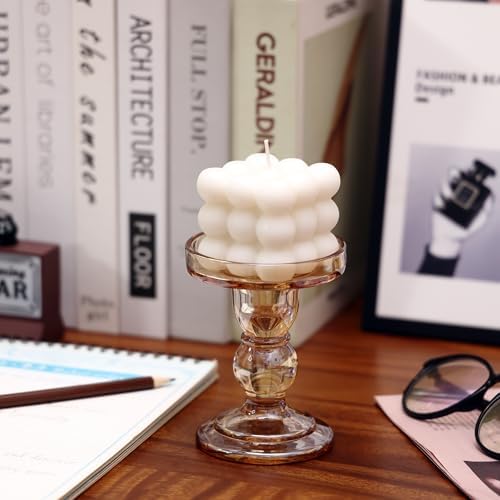 Glass Candle Holder Set of 4, Amber Candlestick Holders for Pillar Candles, 4.5" H, Candle Stand Decorations for Living Room - Image 3