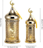 TRIROCKS Metal Ramadan Lanterns Set of 2 Gold Plated Candle Holders 14" &11.5" H Crescent Moon Intricate Etched Vintage Decor Table Lamps for Indoor/Outdoor Decor, Perfect EID Mubarak Gift - Image 2