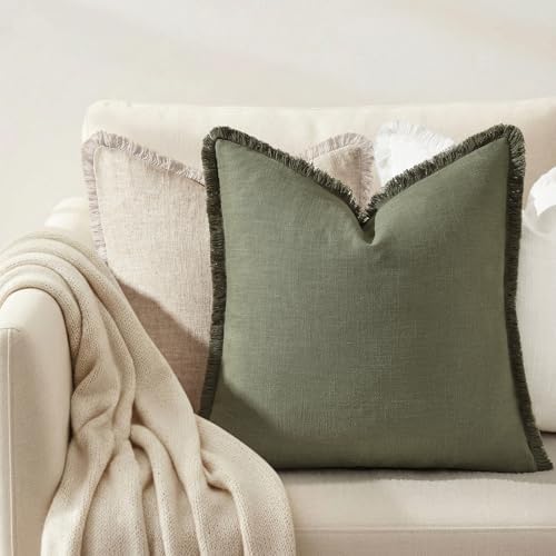 decorUhome Linen Fringe Olive Green Throw Pillow Covers 20x20 Set of 2 - Image 7