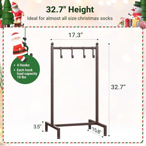 ELYKEN Christmas Stocking Holder Stand for Floor, Free Standing Stocking Rack with 4 Removable Hooks, Heavy Duty Metal Xmas Stocking Stand with Adjustable Feet, Bronze - Image 3