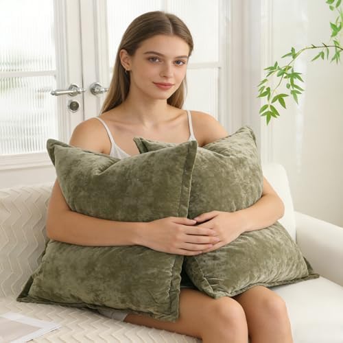 Greek Velvet Euro Sham Covers Set of 2 26x26 Luxury Soft Solid Pillow Covers for Living Room Bedroom Yard,Army Green - Image 4