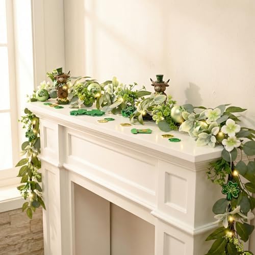Valery Madelyn 6 Ft St Patrick's Day Garland Decorations with Lights, Artificial Spring Eucalyptus Garland for Mantle with Lucky Shamrock Clover Ornaments, Perfect Irish Festival Home Party Decor by ValeryMadelyn