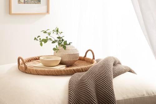 Kate and Laurel Cormont Modern Round Woven Rattan Tray with Handles; 23 Inch Diameter; Natural Rattan; Decorative Circle Boho Tray for Use as Versatile Ottoman Tray or Serving Platter - Image 3