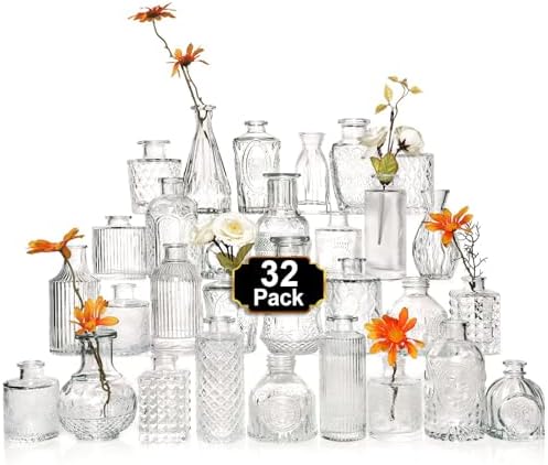 Arme Glass Bud Vase Set of 32 Pcs，Small Glass Vases for Flowers，Clear Bud Vases in Bulk，Vintage Vases for Centerpieces，Small Glass Bud Vase for Rustic Wedding Decorations，Home Table Flower Décor by Arme