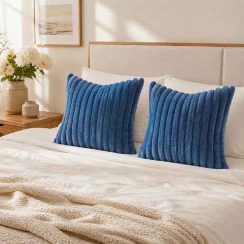 Simmore Faux Fur Striped Navy Blue Throw Pillow Covers 24x24 Set of 2 - Image 4