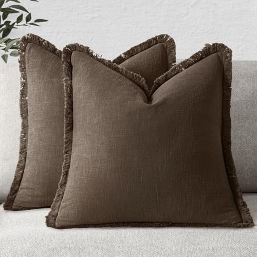 MIULEE Linen Fringe Decorative Euro Pillow Covers Chocolate Brown 22x22 by MIULEE