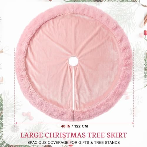 Skylety 48" Velvet Christmas Tree Skirt with Faux Fur Trim,Pink - Image 2