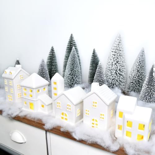 White Ceramic Christmas Village Houses Christmas Decorations Indoor (Style 1) by JETEHO