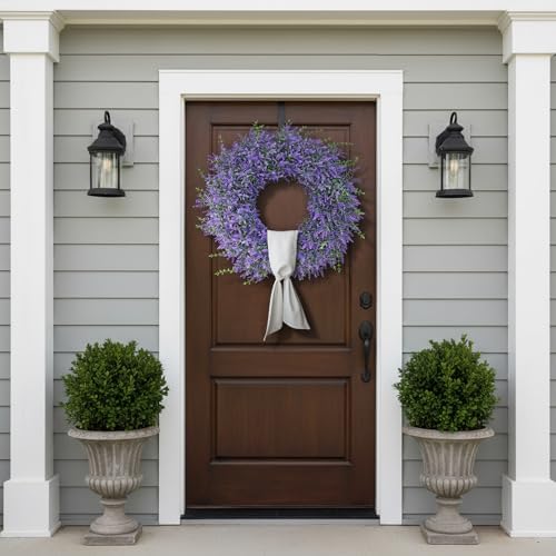26" Artificial Lavender Eucalyptus Wreath with Sash for Front Door(Purple) - Image 3
