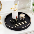 KINGFOM Round Decorative Tray for Coffee Table, PU Leather Valet Nightstand Desk Organizer for Men Women, Golden Trim Tray for Home Decor Living Room Dining Table, Perfume Trays Organizer Black - Image 7