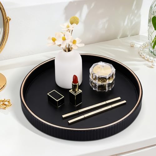 KINGFOM Round Decorative Tray for Coffee Table, PU Leather Valet Nightstand Desk Organizer for Men Women, Golden Trim Tray for Home Decor Living Room Dining Table, Perfume Trays Organizer Black - Image 7