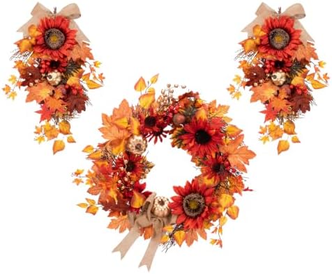 Fall Teardrop Swag Wreath, 3 Pack, 22" Artificial Pumpkin Flower by Culudea