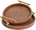 Modern Decorative Serving Tray, Set of 2 Modern Crocodile Leather Round Trays with Polished Metal Handles, Decorative Trays Coffee Table Tray Ottoman Platter for Home Decor (Brown) by JUMBOHUMBLE