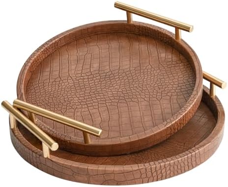 Modern Decorative Serving Tray, Set of 2 Modern Crocodile Leather Round Trays with Polished Metal Handles, Decorative Trays Coffee Table Tray Ottoman Platter for Home Decor (Brown) by JUMBOHUMBLE