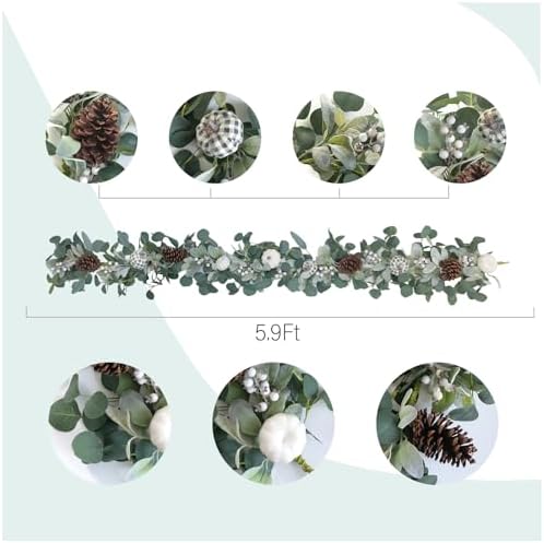 TEMPUS 5.9Ft Artificial Eucalyptus Garland with Pumpkins Pine Cones Lamb Ear Leaves Garland for Wedding Arch Backdrop Thanksgiving Table Farmhouse Decor - Image 3