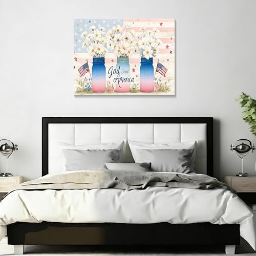 HomeifHue July 4th Patriotic Canvas Wall Art 4th of July USA Decorations American Flag Painting Picture Patriotic Floral Mason Jar USA Flag Poster Independence Day Home Decor(F2 24x32in) - Image 5