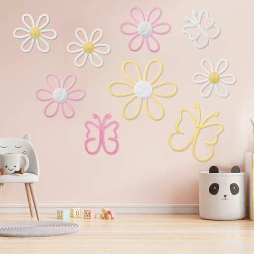 Wesiti 9 Pcs Boho Nursery Decor 3 Size Daisy Flower and Butterflies Woven Macrame Wall Hanging for Home Nursery Bedroom Dorm Wall Art (Bright Color) - Image 6
