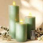 3 Pcs 6/8/12" Sage Green Flameless LED Candles Battery Operated & Remote by Retisee