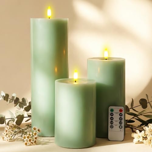 3 Pcs 6/8/12" Sage Green Flameless LED Candles Battery Operated & Remote by Retisee