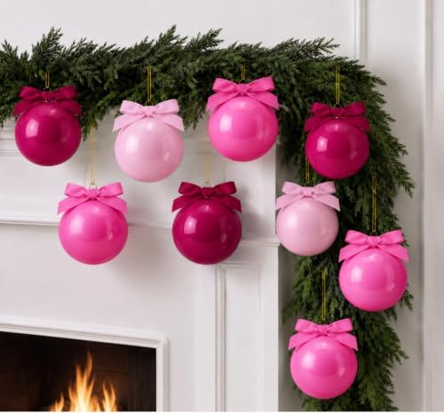 Hollowfly 9 Pcs 4 Inch Pink Glass Christmas Ornaments with Velvet Bow by Hollowfly