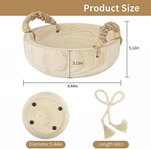 Paulownia Wood Bowl Rustic Wooden Dough Decorative Round Serving Key Bowl with Rope Handle and Wood Bead Garland for Christmas Tabletop Centerpiece Home Decor 9.5 inches - Image 3