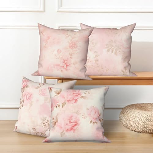 Pink Flower Throw Pillow Covers 22''x22'' Set of 4, Decorative Floral Cushion Covers Vintage Printed Botanical Pillowcases for Couch Sofa Bedroom Farmhouse Livingroom Garden Patio Car - Image 5