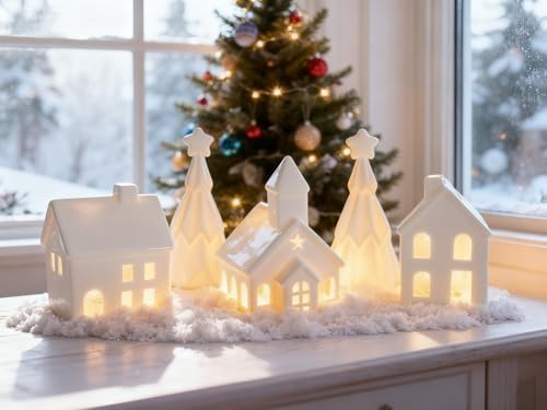 Christmas Village Set, 5-Piece Ceramic Houses and Pine Trees, Xmas Decor by Vilike